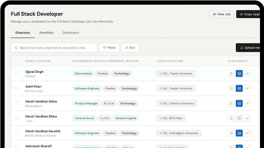 Zariya recruiter dashboard